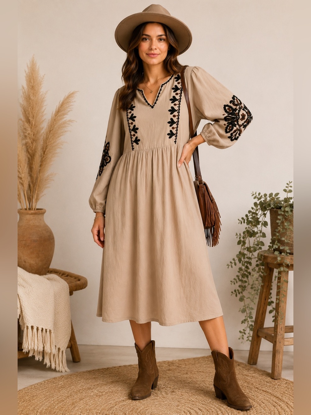 Sunday Up Beige Embroidered Midi Dress Medium Boho Western Balloon Sleeve
